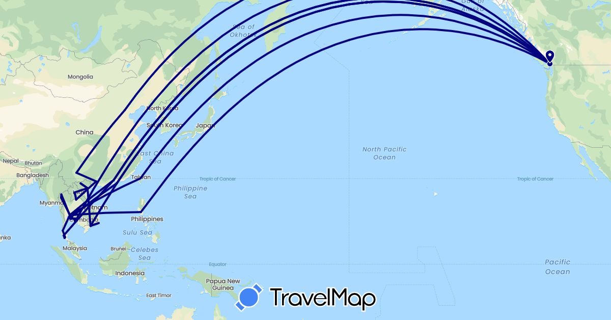 TravelMap itinerary: driving in Canada, China, Laos, Philippines, Thailand, Taiwan, Vietnam (Asia, North America)